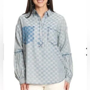 Mazik Large Women’s Checkered  Boho Casual Frayed Trim Denim Shirt